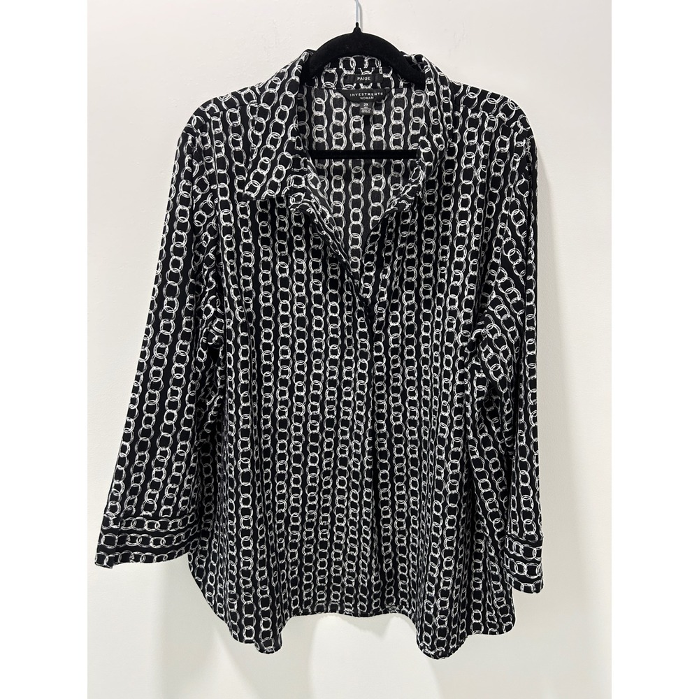 Investments Woman Paige Black White Chain Link Print Button Down‎ Blouse 2X